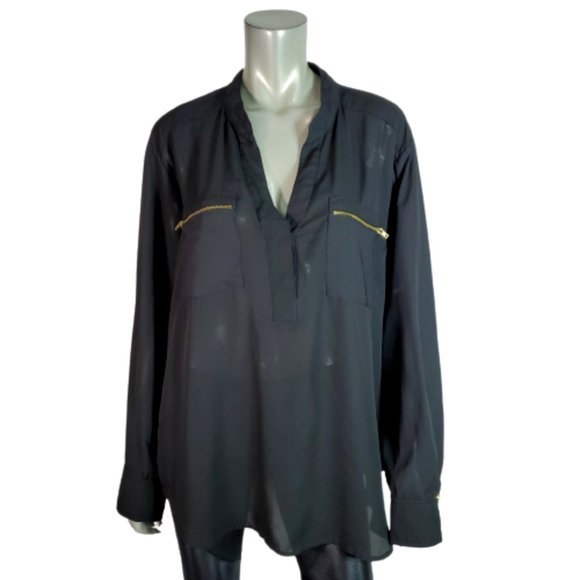 Ophelia Roe Top Plus Size 1X High Low Zip Pockets Semi Sheer Long Sleeve Black - Picture 1 of 6